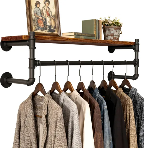 Miniatura 9 de WEBI Perchero de pared con estante, perchero industrial de 24 pulgadas con estantes, barra de ropa de hierro resistente, barra de ropa de exhibición