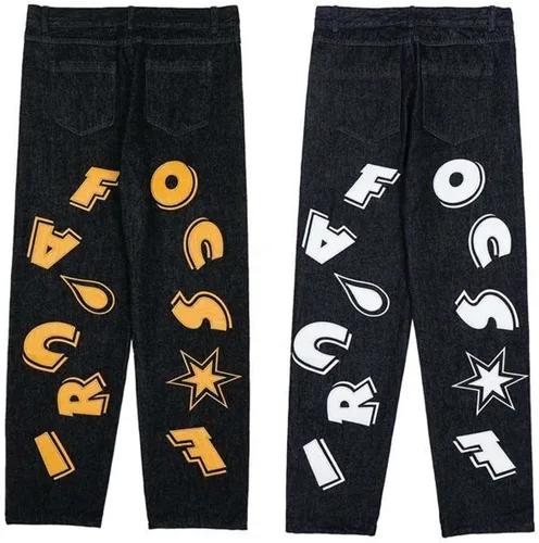 Miniatura 2 de Harajuku - Jeans para hombre con letras estampadas, rectos, holgados, para otoño e invierno, jeans engrosados, jeans góticos