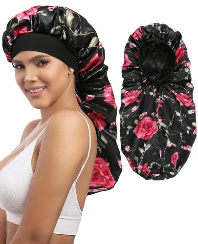 Miniatura 14 de AWAYTR Gorro largo de satén para mujer, gorro de seda de 2 capas para trenzas, gorro de dormir elástico con gorro de noche de banda ancha (negro)