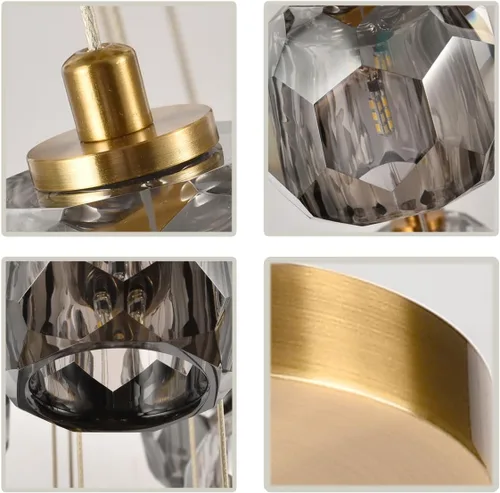 Miniatura 6 de Lámpara colgante de cristal de prisma de 3 luces, moderna lámpara colgante de cristal ahumado de 9 W, iluminación colgante de techo redondo triple