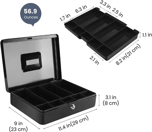 Miniatura 8 de Caja de Dinero Flexzion con Bandeja de Dinero y Cerradura - Caja de Dinero de Metal para Pequeñas Empresas, Caja de Dinero Negra de 9 Compartimentos