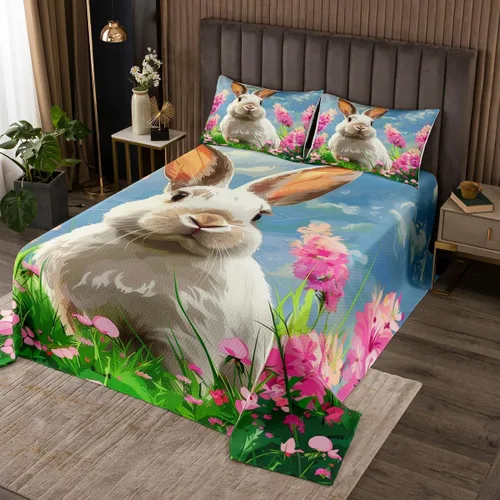 Miniatura 5 de Erosebridal Juego de colcha de conejo blanco, diseño de flores de tulipán amarillo, diseño rústico de mariposas, juego de edredón acolchado de Multi