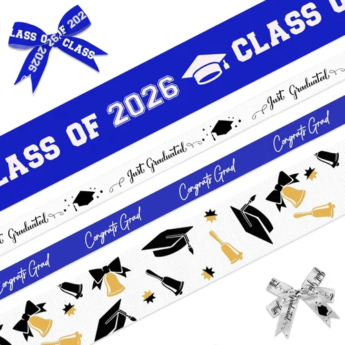 Estivaux 4 rollos de cintas de graduación 2026 de 1 pulgada y 3/8 pulgadas de ancho, cinta de grogrén de clase de 2026, cintas de felicitaciones