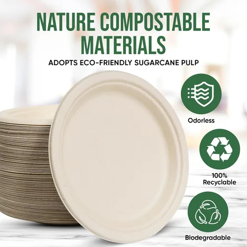 Miniatura 5 de Platos de papel compostables de 9 pulgadas (paquete de 100) - Vajilla desechable ecológica para fiestas, aptos para microondas y resistentes al