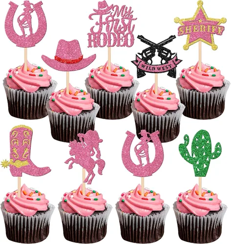 Miniatura 18 de Rsstarxi Paquete de 30 adornos de vaquero para cupcakes con purpurina para zapatos de caballo de vaquero, botas, pistola, temática occidental