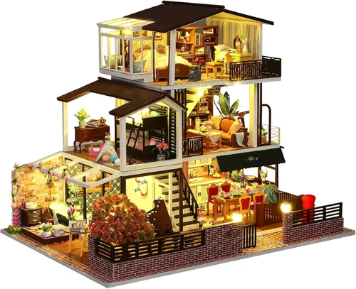 Spilay - Kit de muebles de madera para casa de muñecas en miniatura de bricolaje, modelo de castillo grande hecho a mano, juguetes creativos para