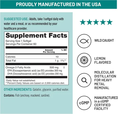 Miniatura 7 de NatureWise Aceite de pescado Omega 3, 500 mg de Omega 3 por porción, 300 mg de EPA y 200 mg de DHA, de origen sostenible para pureza, sabor a limón
