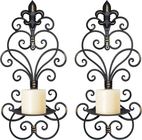 Miniatura 8 de Juego de 2 candelabros de pared, decoración de pared de metal, candelabros para colgar en la pared, para sala de estar, comedor (dorado)