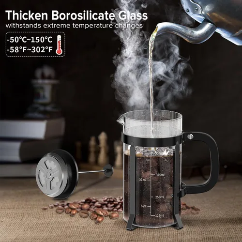Miniatura 2 de QUQIYSO Cafetera de prensa francesa de acero inoxidable 304 con 4 filtros, resistente al calor, duradera, fácil de limpiar, prensa de café de vidrio