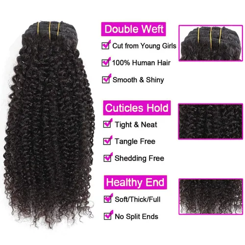 Miniatura 4 de Extensiones de cabello humano real rizado con clip, para mujeres negras, extensiones de cabello humano rizado brasileño 3C 4A, 10 piezas con 21