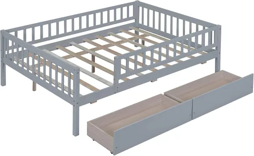 Miniatura 4 de Merax Sofá cama de tamaño matrimonial con cajones, marco de cama matrimonial de madera, no necesita somier, gris Gris(cajones)