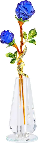 YWHL Figura de flor de rosa azul hecha a mano con florero, ramo de flores de cristal, adorno de rosas para novia, hermana, mujer, flor de cristal,