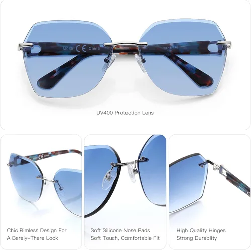 Miniatura 22 de ZENOTTIC Lentes de sol sin montura de gran tamaño para mujer, diseño geométrico de corte de diamante, lentes degradados, protección UV, tonos de moda