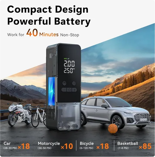 Miniatura 3 de CYCPLUS Inflador de Neumáticos Compresor de Aire Portátil - Bomba de Aire Inalámbrica de 150 PSI con Medidor Digital de Presión de Neumáticos