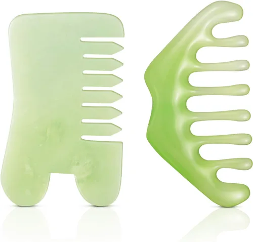 Geiserailie 2 piezas de peines de jade suministros esteticista masaje piedra pelo Gua Sha raspado cuero cabelludo peine herramienta de masaje facial