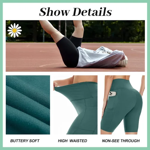Miniatura 3 de TNNZEET Pantalones cortos de ciclismo para mujer con bolsillos, cintura alta, pantalones cortos deportivos de entrenamiento negros de 8 pulgadas