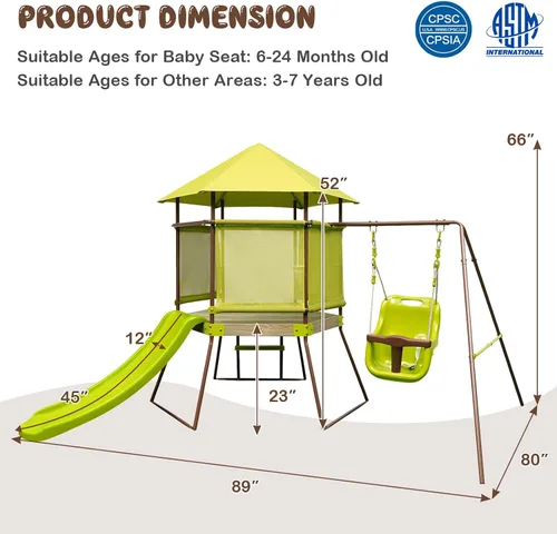 Miniatura 6 de Costzon Juegos de columpios para patio trasero, juego de columpio de metal resistente 4 en 1 con tobogán, columpio para bebé, cubierta superior