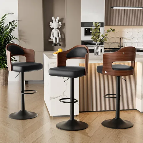 Miniatura 19 de Juego de 2 taburetes de bar giratorios, taburetes de bar de madera tapizados en cuero PU con respaldo y reposapiés, asiento de altura ajustable