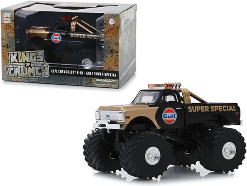 Greenlight 1971 Chevrolet K-10 Monster Truck Gulf Super Special Negro y Oro con neumáticos de 66 pulgadas Kings of Crunch 1/43 Modelo de coche