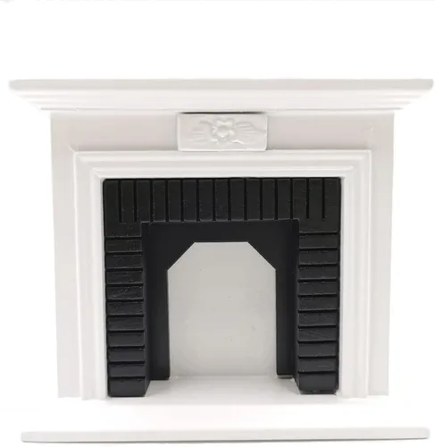 Accesorios de decoración para casa de muñecas, muebles de madera en miniatura 1:12, sala vintage en negro y blanco con chimenea