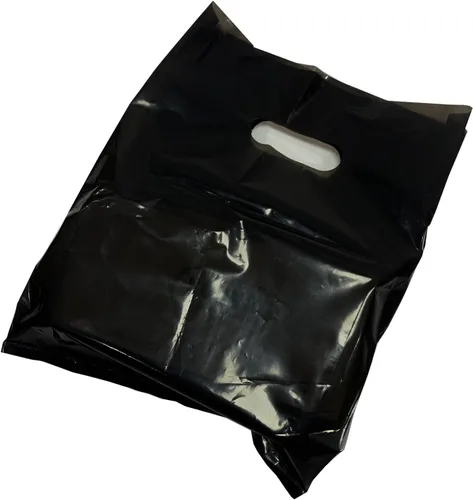 Krodtige 100 bolsas de plástico negras de 9 x 12 x 2 mil, con asas troqueladas, bolsas de plástico para compras al por menor a granel para pequeñas