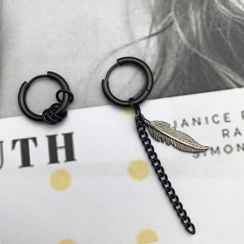 Miniatura 5 de Aretes de aro para hombre con cruz de pluma y cono de cadena de bola, de acero inoxidable 316L negro, estilo punk, hip hop, rock, gótico, Kpop
