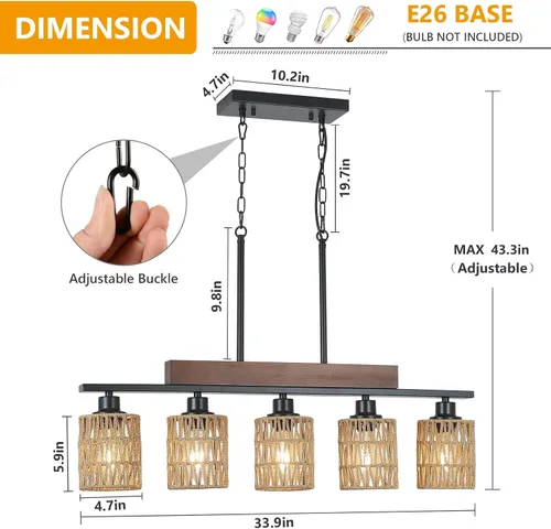 Miniatura 2 de Candelabros de ratán para comedor, iluminación de isla de cocina bohemia, lámpara lineal de 5 luces, lámpara colgante rectangular, candelabros