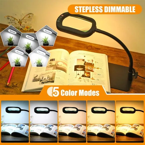 Miniatura 4 de Veemagni 12 lupas rectangulares con luz y soporte, lámpara de escritorio con luz LED de cuello de cisne flexible, 5 modos de color regulable