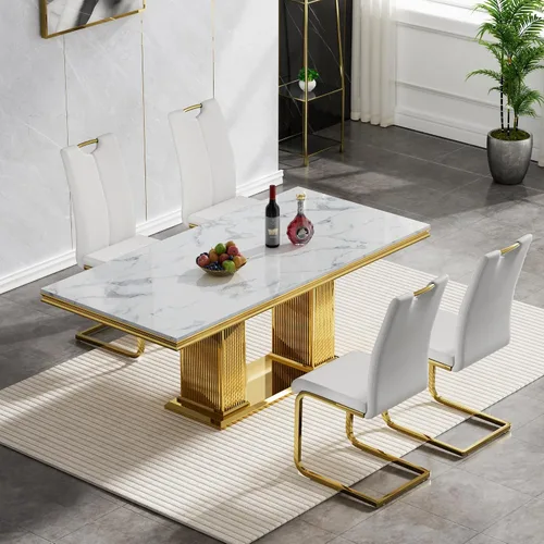 Miniatura 60 de Juego de mesa de comedor de 5 piezas, moderno juego de mesa de comedor para 4, 70 pulgadas, juego de mesa de comedor de mármol sintético blanco