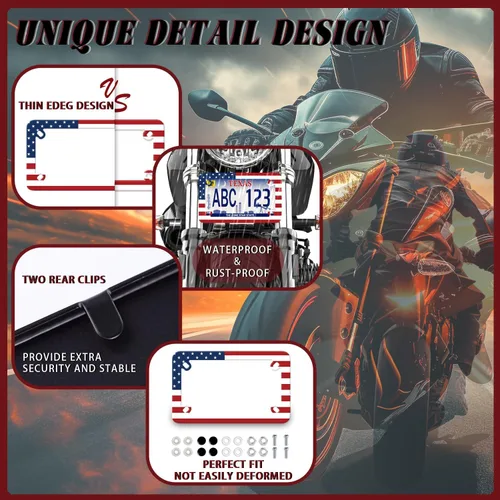 Miniatura 5 de Marco de matrícula para motocicleta con bandera de Estados Unidos, portaplaca de acero inoxidable negro, accesorio para motocicleta con bandera