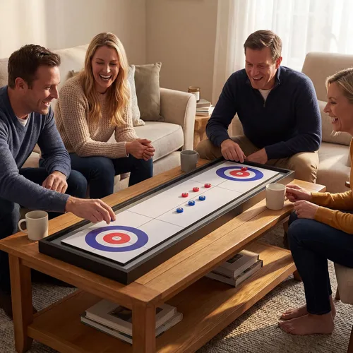 Miniatura 8 de Goplus Juego de mesa 2 en 1, juego de mesa portátil de 2 caras con 8 discos rodantes, juego de mesa de tejo de madera y curling para adultos