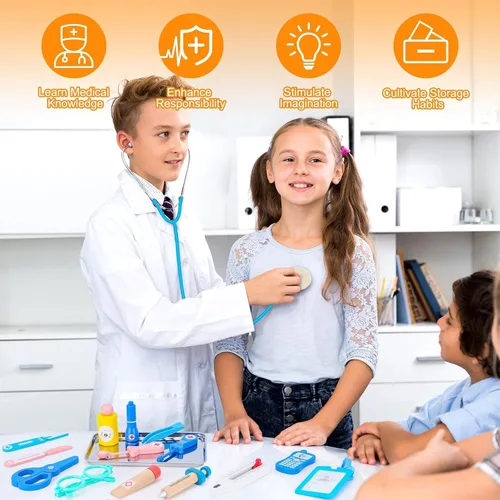 Miniatura 4 de Kit de médico para niños pequeños de 3 a 5 años, kit de médico para niños con bolsa de almacenamiento médico y estetoscopio real, disfraz de médico