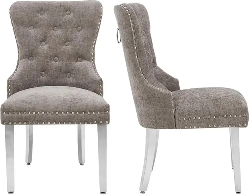 Miniatura 33 de adochr Juego de 2 sillas de comedor de terciopelo, sillas de comedor tapizadas acolchadas con anillo de tracción y patas de acero inoxidable, beige