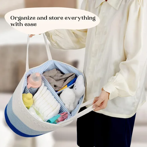Miniatura 7 de luxury little Organizador de pañales, cesta grande de cuerda de algodón para bebé, organizador de cambiador para almacenamiento de pañales de bebé