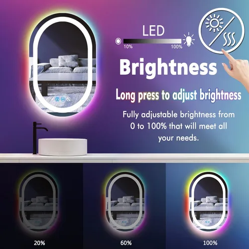 Miniatura 2 de Espejo de baño ovalado RGB de 24 x 16 pulgadas con luces delanteras inteligentes regulables de 3 colores y arco iris, colorido cambiante