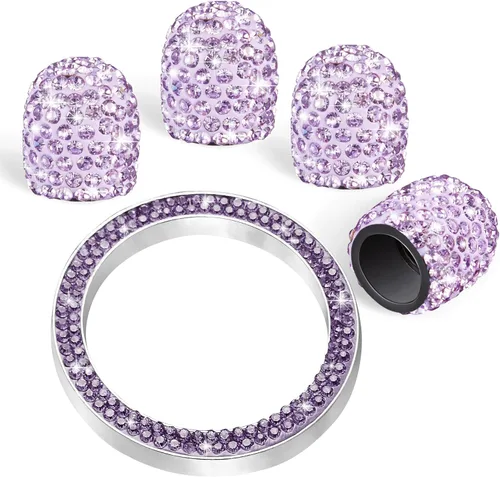 Miniatura 8 de WINKA 4 tapones para válvula de neumático de automóvil con diamantes de imitación, 1 cubierta de botón de motor de automóvil, anillo de encendido