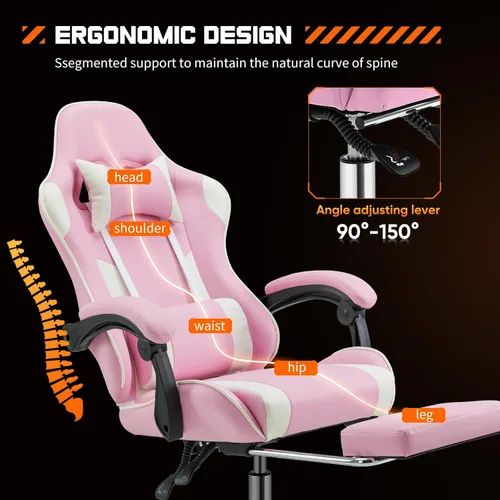 Miniatura 4 de DUMOS - Silla de escritorio de oficina para juegos con reposapiés y reposacabezas para adultos, silla ergonómica de piel sintética para computadora