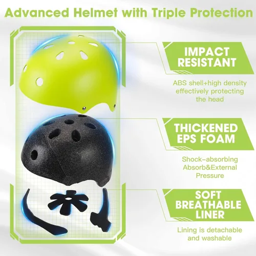 Miniatura 3 de Conjunto de casco de bicicleta para niños pequeños con rodilleras, casco de ciclismo ajustable para niño y niña, equipo de protección Verde