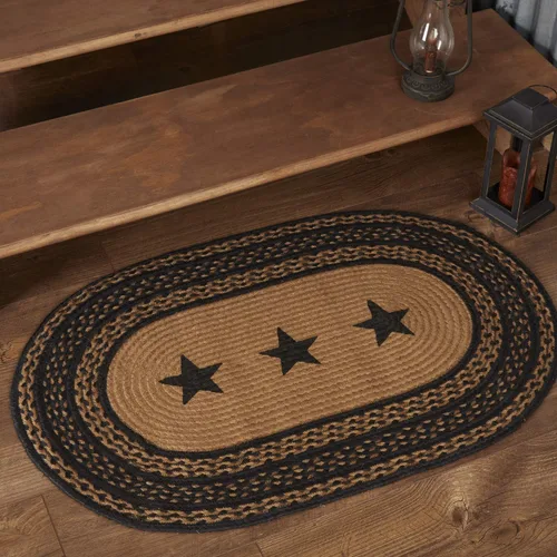 VHC Brands Farmhouse - Alfombra decorativa ovalada de yute negro con estrellas y almohadilla para el suelo, 24 x 36 pulgadas