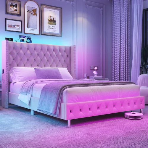Hlivelood - Marco de cama Queen LED tapizado con cabecera de respaldo, marco de cama tapizado con botones de diamante de terciopelo con puertos USB