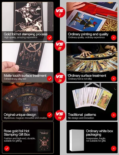 Miniatura 4 de WJPC Juego de cartas de tarot de lámina de oro rosa con guía y caja de regalo para principiantes y expertos. Tarjetas de juego de adivinación