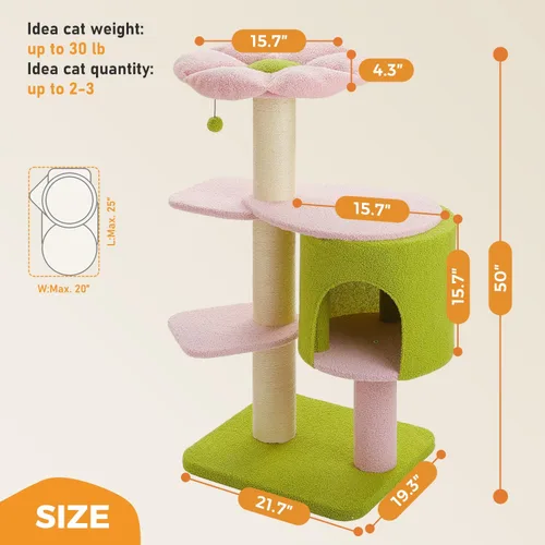 Miniatura 7 de MUTTROS Árbol para gatos de flores rosas de 50 pulgadas para gatos grandes y pesados, torre Maine Coon para gatos con postes rascadores extra