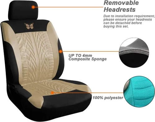 Miniatura 3 de BESULEN Fundas de asiento delantero de automóvil, paquete de 2 protectores de asiento automotriz de mariposa, accesorios para el interior del Beige