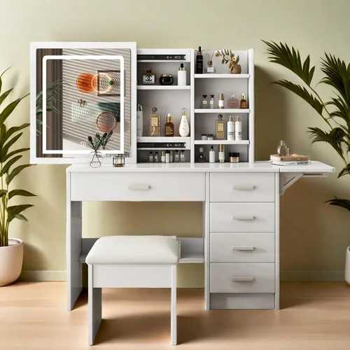 Montary Escritorio de tocador de maquillaje con espejo y luces, juego de mesa de tocador blanca con 5 cajones, espejo deslizante, estantes de