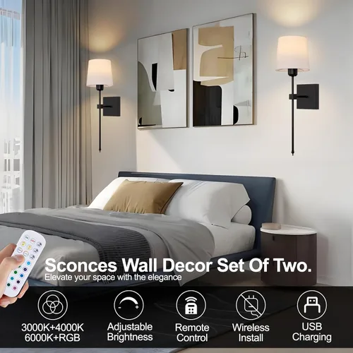 Miniatura 8 de Juego de 2 apliques de pared a pilas, luces de pared recargables inalámbricas negras con bombillas RGB recargables regulables, lámpara de pared