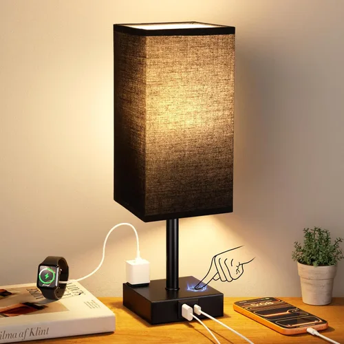 aooshine Lámpara de noche negra para mesita de noche, lámpara de mesa táctil con salida tipo C + A y CA, lámparas de carga cuadradas para decoración