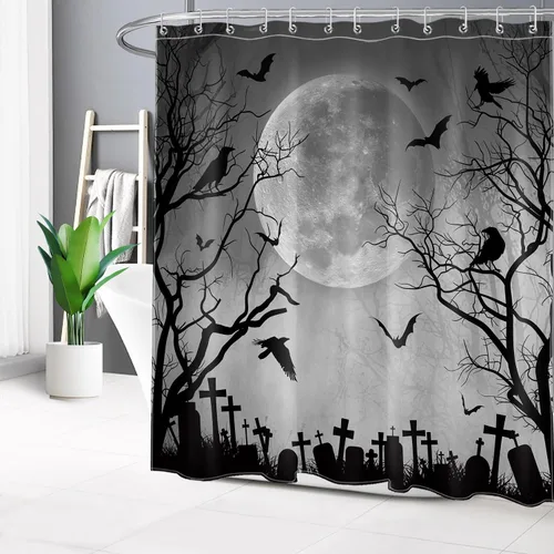 Miniatura 2 de Cortina de ducha de Halloween, cuervo negro, murciélago y árbol muerto en un bosque brumoso espeluznante con ganchos, cortina de baño de noche