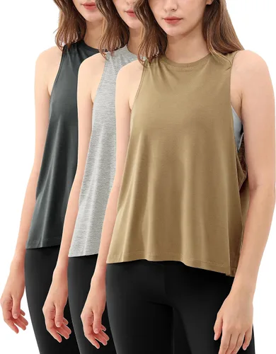 ODODOS Paquete de 3 camisetas sin mangas sueltas para mujer, camisetas sin mangas para gimnasio, atletismo, entrenamiento, camisetas de yoga