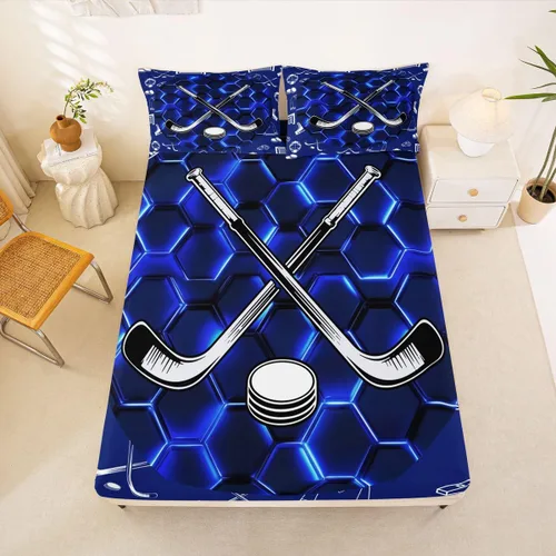 Miniatura 9 de Sábana bajera ajustable de hockey sobre hielo, tamaño individual, para adolescentes y niñas, juego de ropa de cama de hockey para decoración de sala