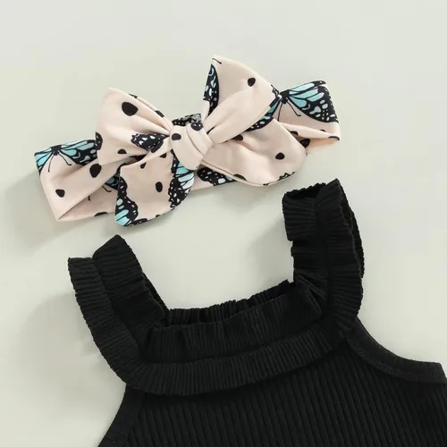 Miniatura 157 de TheFound Trajes de verano para niñas pequeñas, sin mangas, de punto acanalado, halter, pantalones cortos, ropa para recién nacidos, conjunto de 3